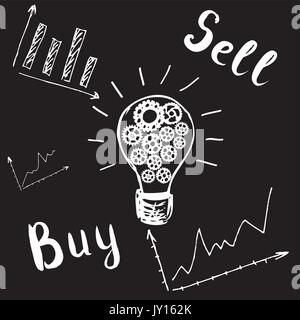 Lampadina con ingranaggi, grafica, comprare e vendere; forex vettore; handdrawn stock market vettore; mercato azionario vettore; direzione sconosciuta; Analisi tecnica. Illustrazione Vettoriale