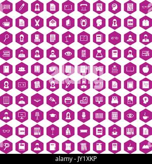 Lettore 100 icone viola a testa esagonale Illustrazione Vettoriale