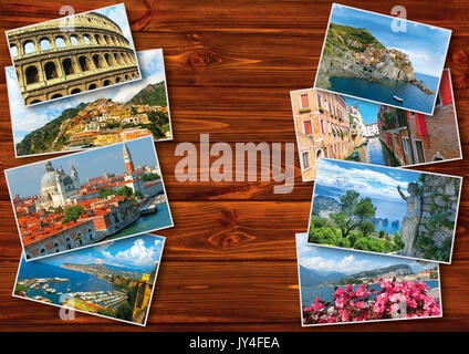 Collage di foto di Italia su sfondo di legno Foto Stock