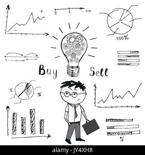 Imprenditore e doodle grafici e diagrammi. L'idea del concetto di acquisto e di vendita. Illustrazione Vettoriale Illustrazione Vettoriale
