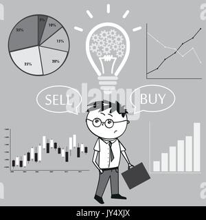 Imprenditore e grafici e diagrammi. L'idea del concetto di acquisto e di vendita. Illustrazione Vettoriale Illustrazione Vettoriale
