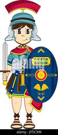 Cartoon carino antico centurione romano soldato con spada e scudo illustrazione Illustrazione Vettoriale