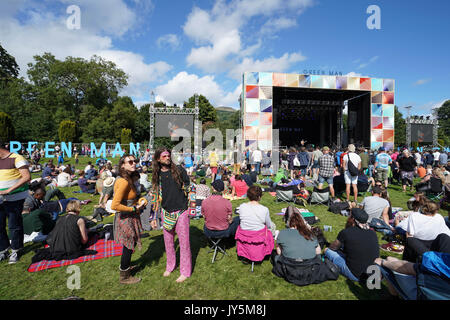 Glanusk Park, Wales, Regno Unito. 18 Agosto, 2017. Viste generali del 2017 Green Man festival in Glanusk Park, Brecon Beacons, Galles. Foto Data: Venerdì 18 Agosto, 2017. Foto di credito dovrebbe leggere Credito: Roger Garfield/Alamy Live News Foto Stock