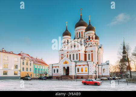 Tallinn, Estonia. Vista la mattina della Cattedrale Alexander Nevsky. Famosa Cattedrale Ortodossa di Tallinn è la più grande e la più imponente cupola ortodossa cattedrale. P Foto Stock