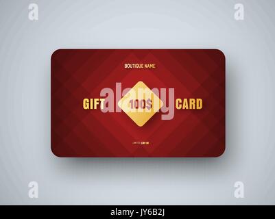 Premium gift card modello con una golden square e il testo su un rosso sfondo astratto. Design minimalista per un negozio o boutique. Illustrazione Vettoriale Illustrazione Vettoriale