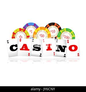 Carte da gioco casino word con poker chips logo Illustrazione Vettoriale