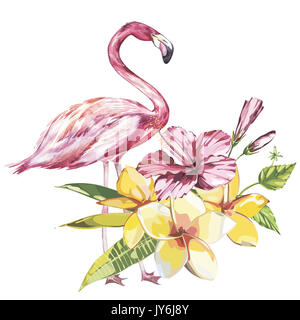 Fenicottero rosa acquerello illustrazione isolati su sfondo bianco. Disegnata a mano con disegno di foglie di palma, plumeria e una rosa fiori di ibisco Foto Stock