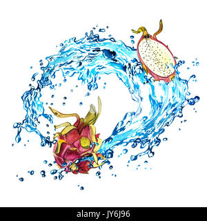 Dragon fette di frutta con acqua splash. Illustrazione ad acquerello su sfondo bianco Foto Stock