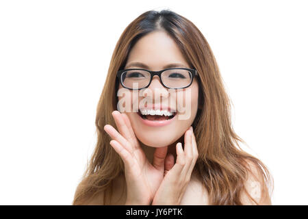 Donna asiatica gridando con volto sorridente Foto Stock