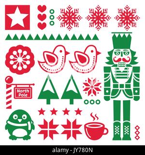 Natale rosso seamless pattern con schiaccianoci - arte popolare stile stile retrò rosso e verde Xmas o pattern di inverno - sfondo ripetitivo Illustrazione Vettoriale