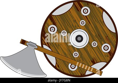 Cartoon Norse Viking Warriors Ax e la protezione Illustrazione Vettoriale