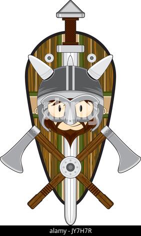 Cartoon Norse Viking Guerriero con scudo, assi e spada Illustrazione Vettoriale