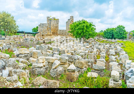 Il verde prato di fronte all'antica basilica bizantina occupata con pietre, i resti della città anatolica di Perge, Antalya, Turchia. Foto Stock