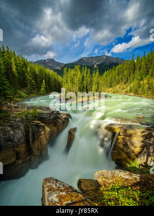 Sunwapta superiore cade nel Parco Nazionale di Jasper, Canada. L'acqua proviene dal Ghiacciaio Athabasca. Lunga esposizione. Foto Stock
