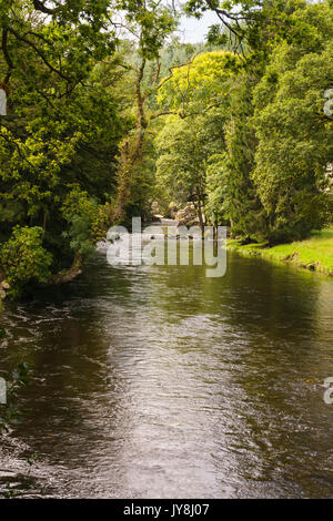 Il fiume Llugwy un affluente del fiume Conwy con la sua sorgente nelle montagne di Snowdonia si attraversa il villaggio di Betws y Coed Galles Foto Stock