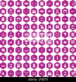 100 scrittore icone viola a testa esagonale Illustrazione Vettoriale