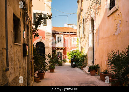 In terracotta e pareti potplants in un piccolo cortile su isola di Ortigia, Siracusa, Sicilia, Italia Foto Stock