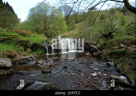 La parte superiore dei due piccole cascate sul Afon Caerfanell vicino alla sua confluenza con il Nant Bwrefwr. Foto Stock