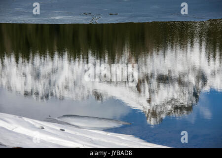 La molla del disgelo si scioglie il ghiaccio mentre vette innevate sono riflesse nel lago Palù Sondrio Malenco Valley Valtellina Lombardia Italia Europa Foto Stock