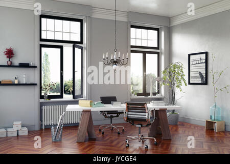 Moderno studio sala con tavolo e poltrone. 3D rendering concettuale Foto Stock