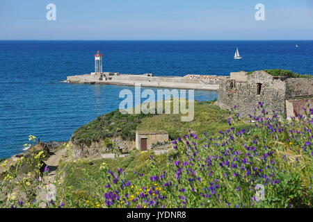 Pontile con un faro, Port-Vendres, Côte Vermeille, mare Mediterraneo, Roussillon, Pyrenees-Orientales, nel sud della Francia Foto Stock