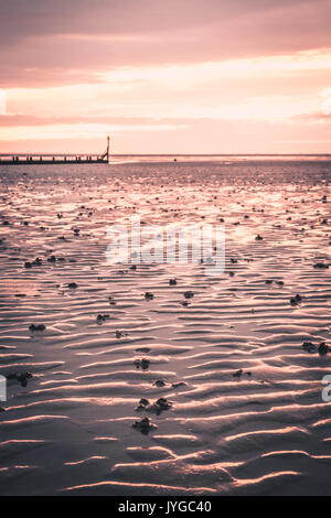 Cleethorpes Beach a sunrise guardando fuori verso Humber Estuary Foto Stock