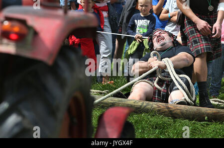 Horgenzell, Germania. 19 Ago, 2017. Un partecipante della tomaia Highlandgames sveva tira un trattore con una corda attraverso un prato nella disciplina "Bulldog-Schleppa' in Horgenzell, Germania, 19 agosto 2017. 15 clan competere gli uni contro gli altri in varie discipline al Highlandgames. Foto: Karl-Josef Hildenbrand/dpa/Alamy Live News Foto Stock