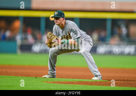 Agosto 18, 2017: Oakland atletica primo baseman Ryon Healy (25) in azione durante una Major League Baseball gioco tra Houston Astros e Oakland Athletics al Minute Maid Park a Houston, TX. Chris Brown/CSM Foto Stock