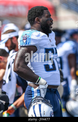 Agosto 19, 2017: Tennessee Titans linebacker Justin punti metallici (57) durante un'NFL pre-stagione partita tra la Carolina Panthers e Tennessee Titans al Nissan Stadium di Nashville, TN. Thomas McEwen/CSM Foto Stock