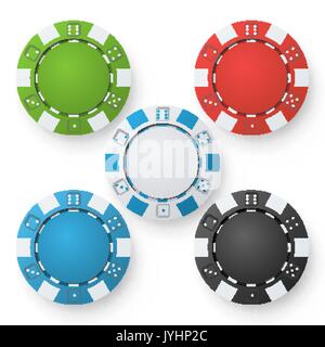 Poker chips vettore. Impostare colore classico Poker chips isolato su bianco. Rosso, Nero, Blu, Verde Casino Chips illustrazione. Illustrazione Vettoriale