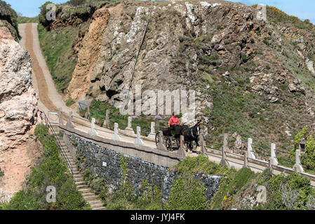 Un cavallo e carrozza con driver tornando a casa dopo una giornata che stava trasportando turisti in giro per l'isola, attraversando la Coupee, una stretta ghiaia causeway Foto Stock