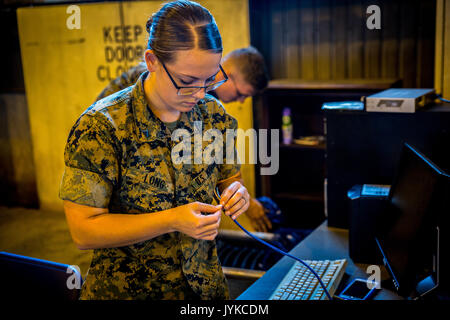 Lancia Cpl. Barbara Ann C. Lungo, una logistica aerea informazioni di sistemi di gestione specializzati, imposta i computer a Misawa combatté Air Base, Giappone, 10 agosto 2017, a significare l'inizio dell'esercizio il Nord Viper 2017. Questo esercizio esegue il test di interoperabilità e capacità di bilaterali del Giappone terra Forza di Autodifesa e U.S. Marine Corps le forze per lavorare insieme e fornisce la possibilità di condurre un addestramento realistico in un ambiente ostico. Lungo, nativo di Canton, Ohio, è con Marine Attacco leggero elicottero Squadron 169, Marine Aircraft Group 39, terzo aeromobile Marina Wing, attualmente Foto Stock
