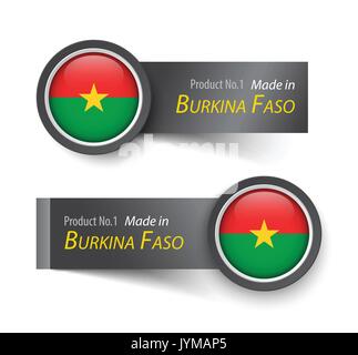 Icona bandiera ed etichetta con testo made in Burkina Faso . Illustrazione Vettoriale