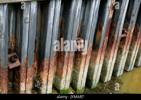 Pila di fogli fiume parete con ancore strutturale che mostra le teste di ancoraggio Foto Stock