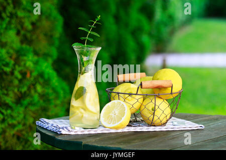 La limonata in bottiglia e frutta fresca nel cestello in filo metallico. Summer party in giardino. Foto Stock