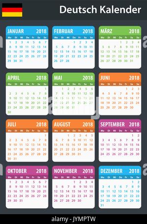 Calendario tedesco per il 2018. Scheduler, agenda diario o modello. La settimana inizia il lunedì Illustrazione Vettoriale