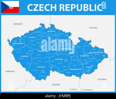 La mappa dettagliata della Repubblica ceca con le regioni o gli stati e le città capitali. Illustrazione Vettoriale