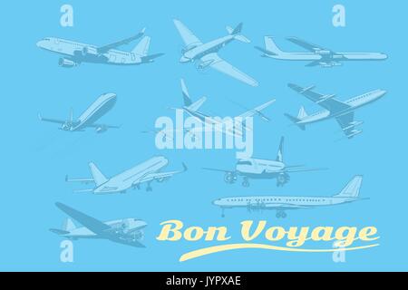 Bon voyage, set di aerei di trasporto aereo. Aviazione aereo viaggio Viaggi turismo trasporti aerei. La Pop art retrò illustrazione vettoriale Illustrazione Vettoriale