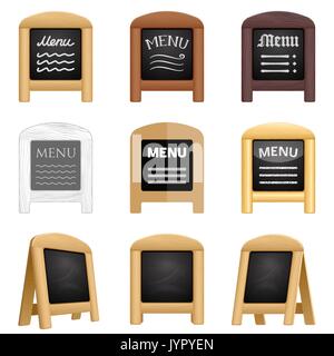 Set di ristorante blackboard le icone di menu. Varie marciapiede pannelli sandwich con un telaio in legno e gesso. 3d realistica per la piegatura di sbozzati indicazioni per eatery. Illustrazione Vettoriale