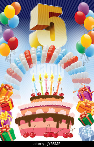 Sfondo con elementi di design e la torta di compleanno. Il poster o un invito per il quinto compleanno o anniversario. Foto Stock