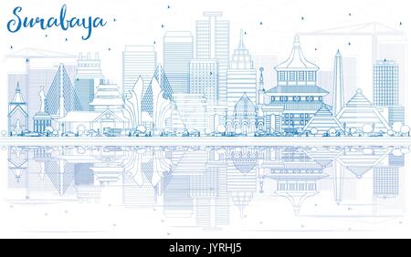 Delineare surabaya skyline con edifici blu e riflessi. illustrazione vettoriale. viaggi di affari e di turismo con il concetto di architettura moderna. Illustrazione Vettoriale