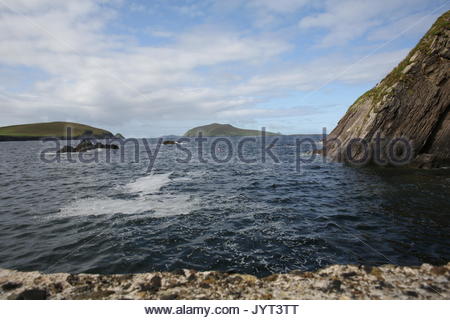 Una vista della grande isola di Blasket al largo della costa occidentale dell'Irlanda come senn da Dunquin Pier e guardando attraverso il suono Blasket tratto di ocean Foto Stock