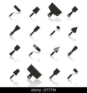Set di icone per la riparazione e costruzione, Rulli e pennelli per dipingere, frattazzo, di varie forme e dimensioni. In stile appartamento, isolato su sfondo bianco wi Illustrazione Vettoriale