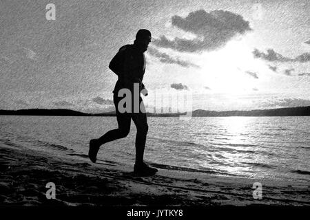 Bianco e Nero tratteggiato schizzo retrò. Uomo che corre sulla spiaggia. Sportivo eseguito nel cappello da baseball durante il sorgere del sole sopra la spiaggia sabbiosa Foto Stock