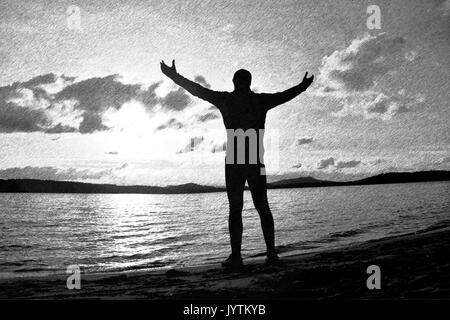 Bianco e Nero tratteggiato schizzo retrò. Uomo che corre sulla spiaggia. Sportivo eseguito nel cappello da baseball durante il sorgere del sole sopra la spiaggia sabbiosa Foto Stock