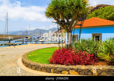 Casa colorati con piante tropicali in barca a vela marina sulla costa dell'isola di Madeira, Portogallo Foto Stock