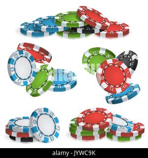 Casino Chips pile vettore. 3D realistici. Colorato gioco di Poker chips rientranti Alba segno illustrazione. Illustrazione Vettoriale