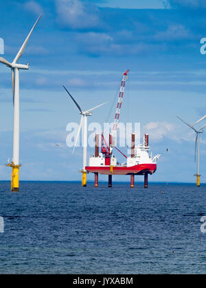 Manutenzione Jack-Up nave Server vento IMO 9670793 supporto di interventi di manutenzione su uno dei 2.2 MW turbine di Teeside per centrali eoliche offshore Redcar Foto Stock