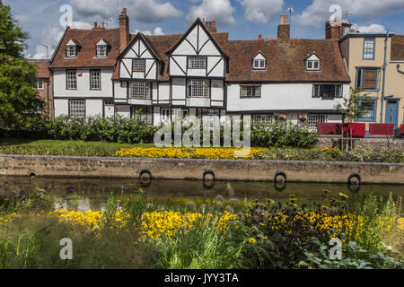 Bianco in stile tudor Case sul fiume stour in Canterbury Foto Stock