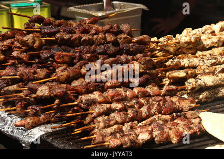 Grigliata di spiedini di carne di manzo e di pollo shish kebab sul grill Foto Stock